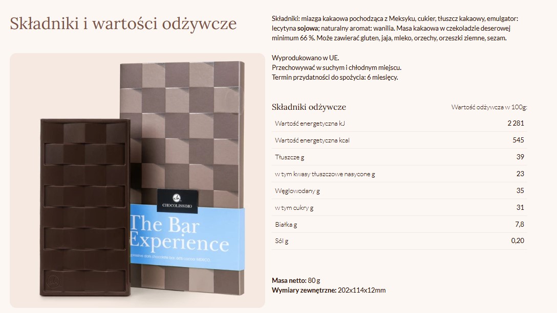 Składniki i wartości odżywcze - bezglutenowa czekolada deserowa