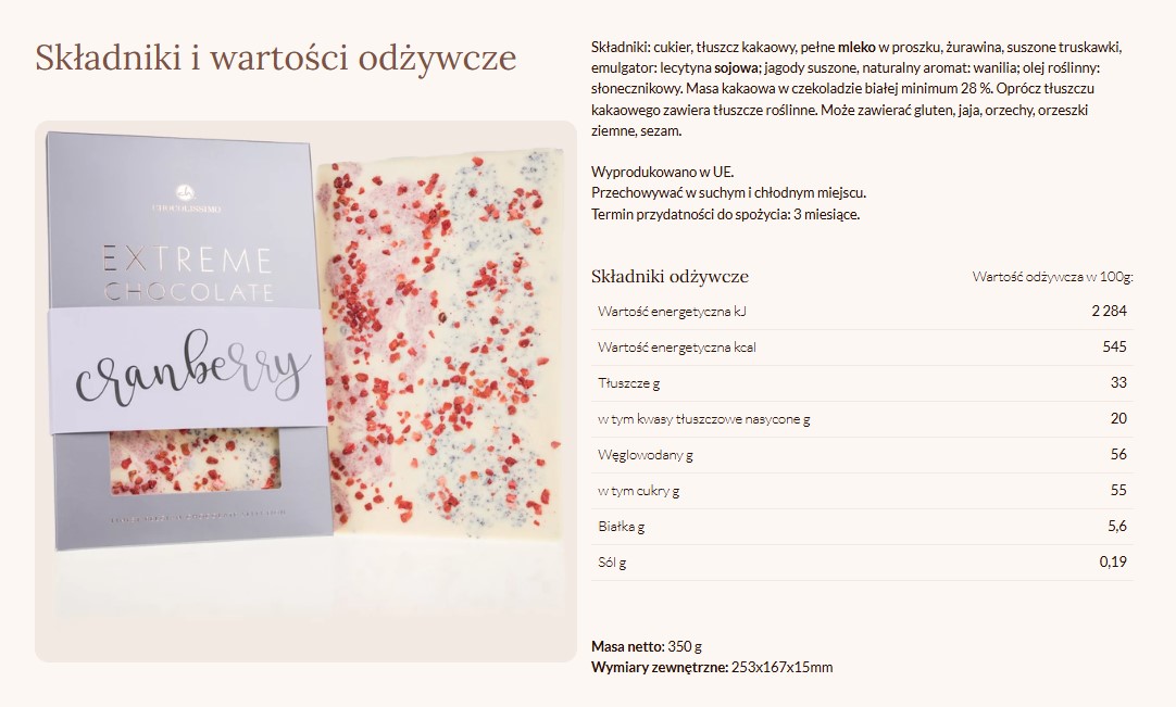 Biała czekolada z żurawiną wartości odżywcze i kalorie