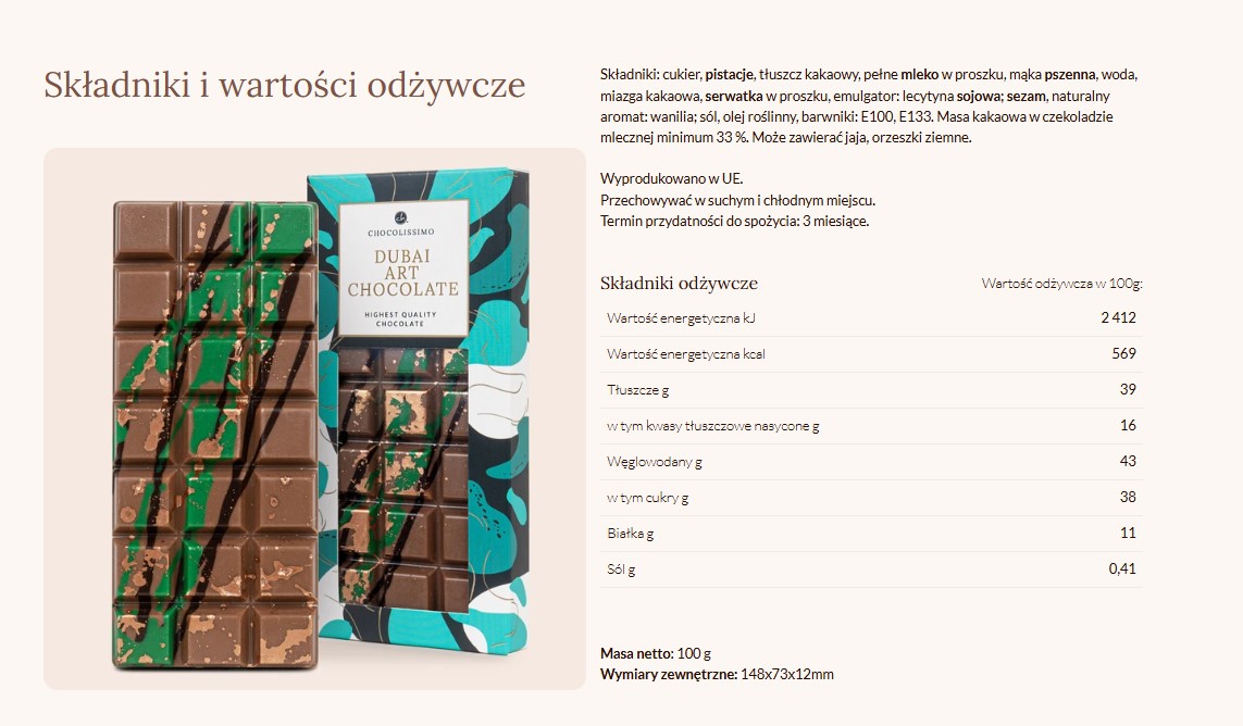 Składki i wartości odżywcze dubajskiej czekolady