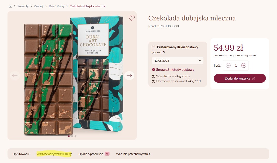 Zakładka z wartościami odżywczymi i kaloriami na karcie produktu czekolady dubajskiej