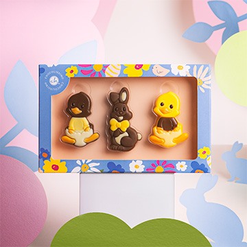 zestaw wielkanocnych figurek z belgijskiej czekolady w postaci zajączk&oacute;w i kurczaczk&oacute;w