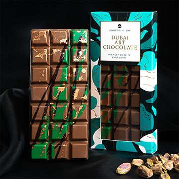 Pistacjowe nadzienie w czekoladzie dubajskiej mlecznej