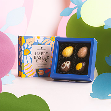 4 praliny w kształcie pisanek z belgijskiej czekolady w wielkanocnej oprawie