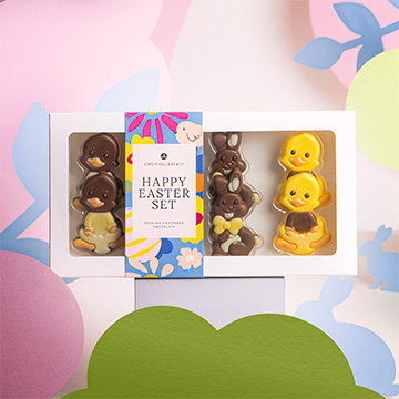 zestaw wielkanocnych figurek kaczork&oacute;w i kr&oacute;liczk&oacute;w z belgijskiej czekolady w postaci zajączk&oacute;w i kaczuszek