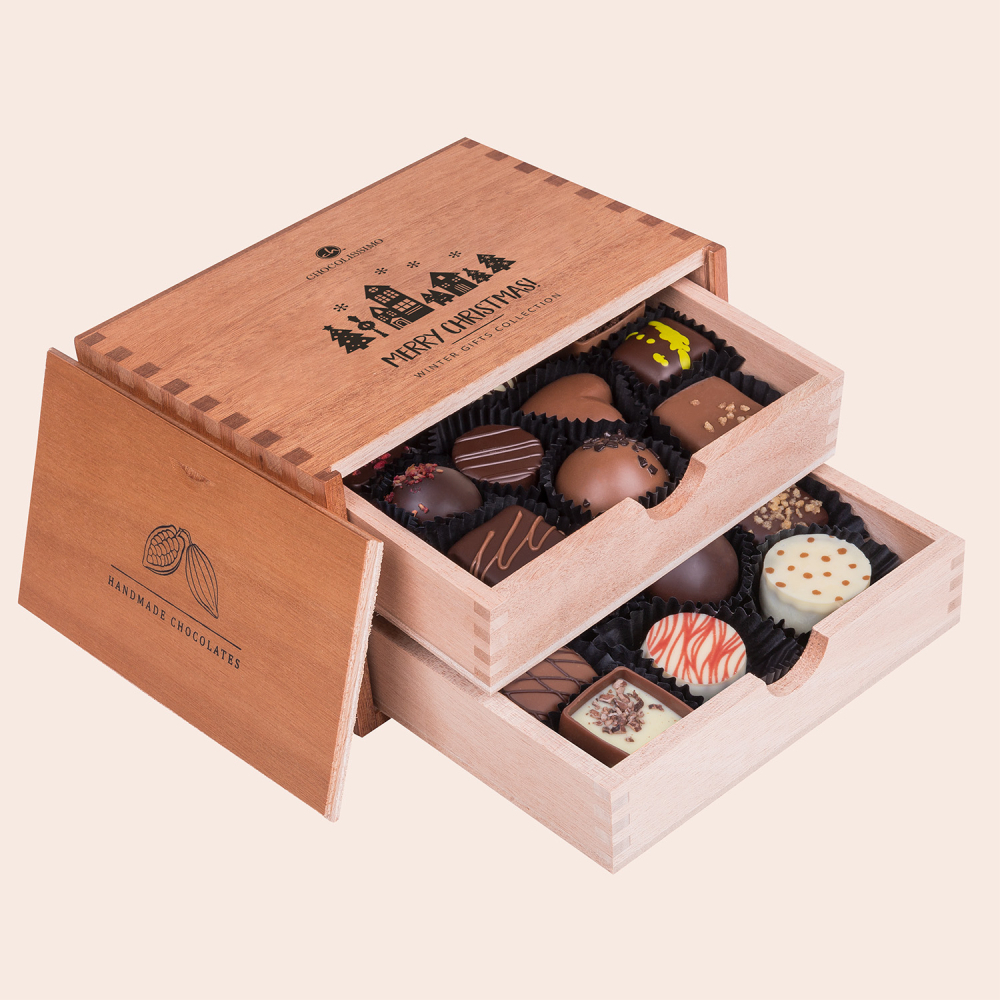 Świąteczne Chocolaterie bezalkoholowe - czekoladki w drewnianej szkatułce